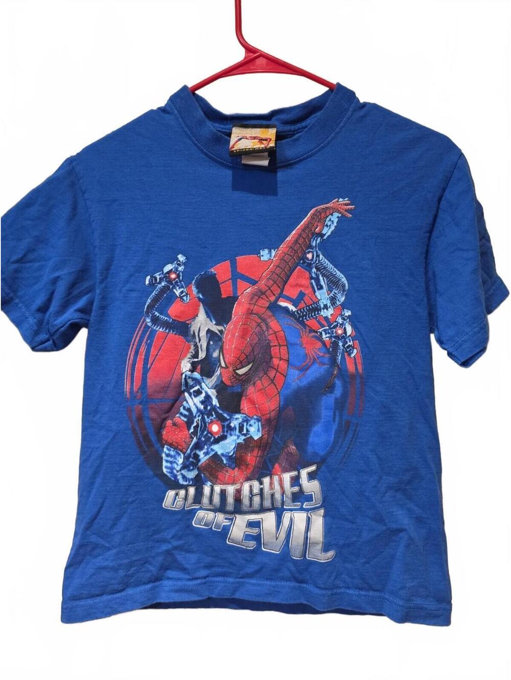 Y2K Vintage 2004 Boys Spider-Man 2 Blue Double Sided Doc Ock Graphic Tee L (12)